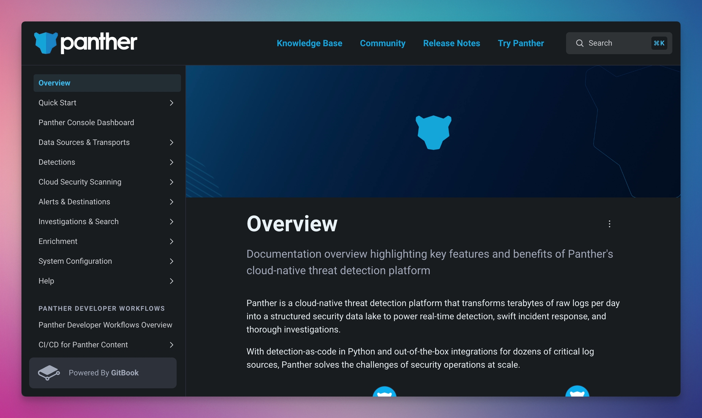 A screenshot of the documentation landing page for Panther